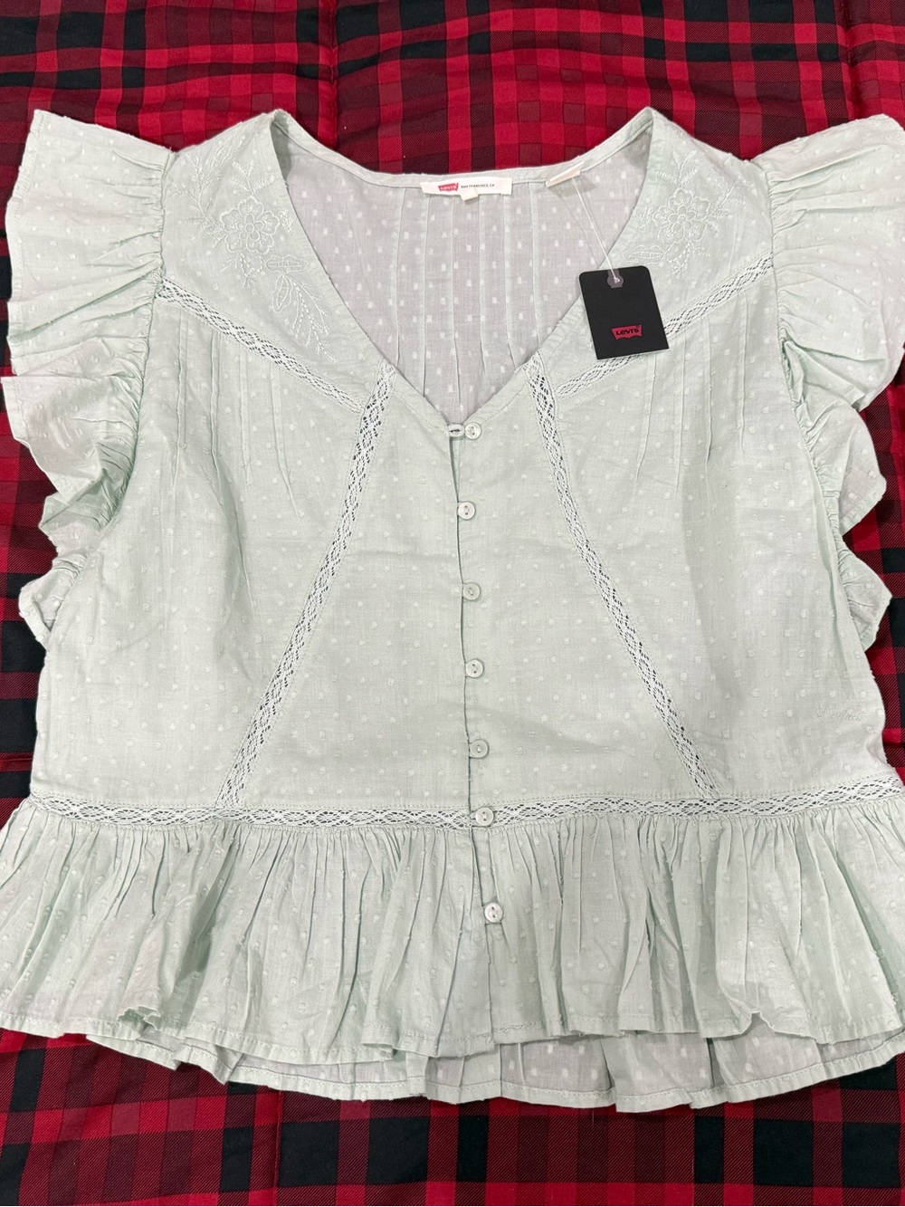 Levi's Green Babydoll Ruffle Button-Front Women's Top Size XS - NWT